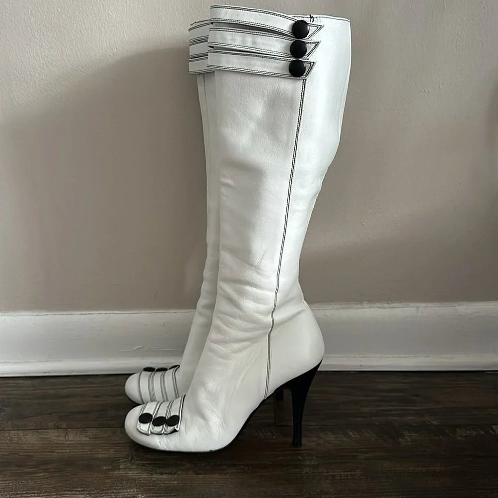 Miss Sixty White Tall Leather Boots with Black Trim